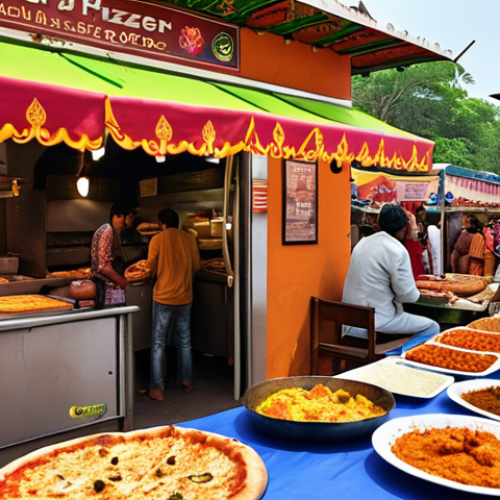 Home 11 **
A bustling Indian marketplace with a vibrant mix of spices, vegetables, and textiles. In the foreground, a modern pizza stand offers customized pizzas with paneer, tandoori chicken, and vegetarian options. The stall is brightly lit, with customers of all ages and backgrounds enjoying the fusion cuisine. The background features traditional Indian architecture and street scenes.
**