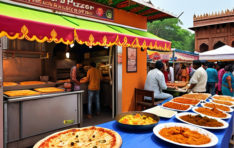 **

A bustling Indian marketplace with a vibrant mix of spices, vegetables, and textiles. In the foreground, a modern pizza stand offers customized pizzas with paneer, tandoori chicken, and vegetarian options. The stall is brightly lit, with customers of all ages and backgrounds enjoying the fusion cuisine. The background features traditional Indian architecture and street scenes.

**