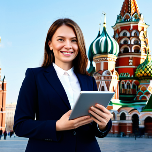 Home 6 **
A professional businesswoman in a modest, tailored business suit, standing confidently in front of the iconic Saint Basil's Cathedral in Moscow, Russia. She is smiling slightly, holding a modern tablet, and appears to be a successful international business manager. The scene is bright and professional, with a clear sky. Fully clothed, appropriate attire, safe for work, perfect anatomy, correct proportions, professional photography, high quality, family-friendly.
**