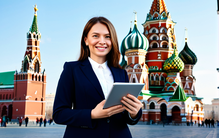 **

A professional businesswoman in a modest, tailored business suit, standing confidently in front of the iconic Saint Basil's Cathedral in Moscow, Russia. She is smiling slightly, holding a modern tablet, and appears to be a successful international business manager.  The scene is bright and professional, with a clear sky.  Fully clothed, appropriate attire, safe for work, perfect anatomy, correct proportions, professional photography, high quality, family-friendly.

**