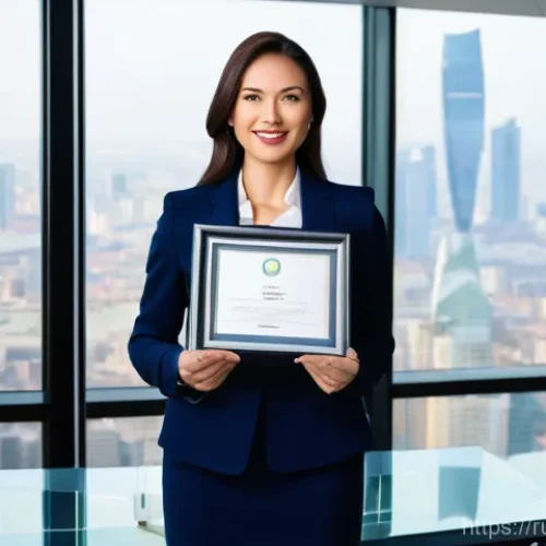 국제비즈니스 자격증 준비 과정 상세 가이드 - **Prompt:** A confident and successful businesswoman, in her late 30s, of Russian ethnicity, stands ...