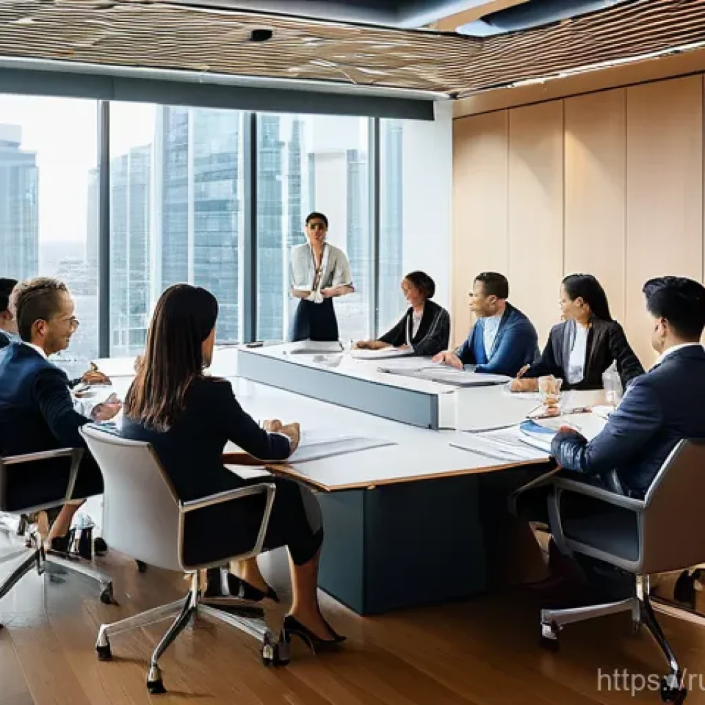 국제비즈니스 실무 활용 사례 연구 - **Prompt:** A dynamic and inclusive business meeting taking place in a modern, sunlit conference roo...