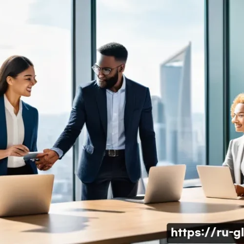 국제비즈니스매니저 필수 외국어 - **Prompt:** A diverse group of international business professionals, men and women of various ethnic...