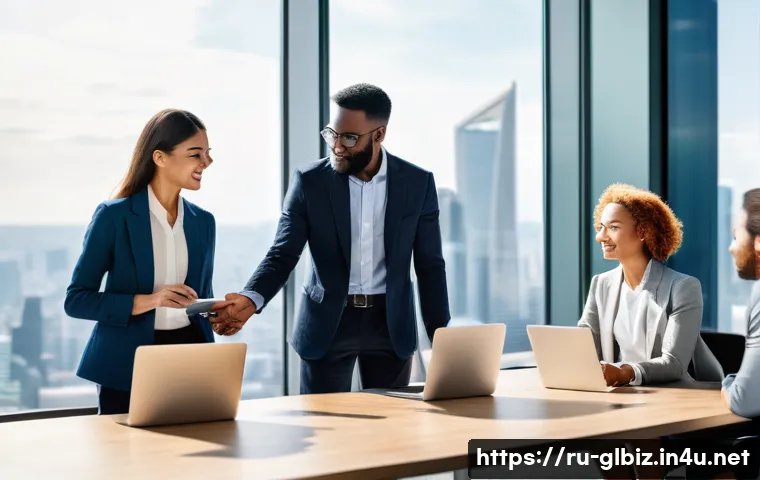 국제비즈니스매니저 필수 외국어 - **Prompt:** A diverse group of international business professionals, men and women of various ethnic...