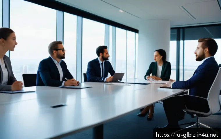국제비즈니스 연봉 협상의 핵심 포인트 - A professional business meeting scene featuring a diverse group of international colleagues in forma...