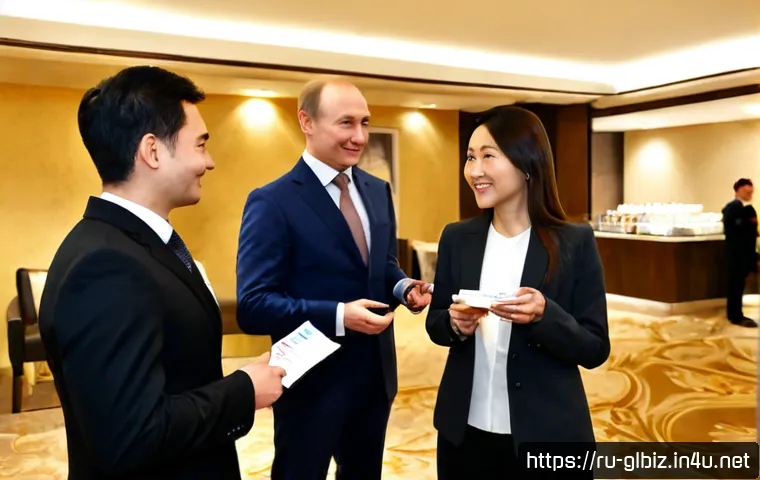 Home 17 국제비즈니스 네트워킹 비결 - Photorealistic international business networking event in a refined Moscow hotel lounge, diverse pro...