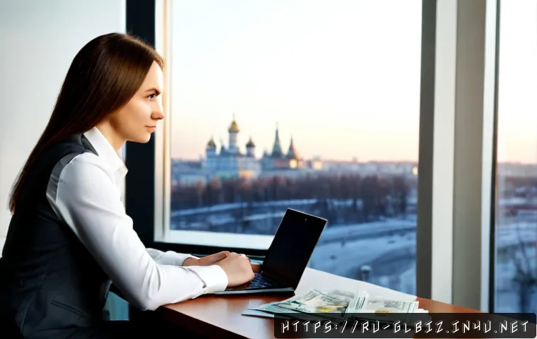 국제비즈니스매니저 이직 시 고려 사항 - Photorealistic international business manager in a modern Moscow office, thoughtfully comparing two ...
